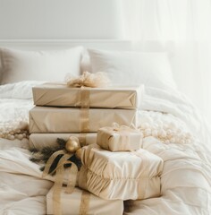 christmas boxes stacked on a bed covered with a rug,