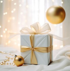 Christmas present with gold ribbon and decorations