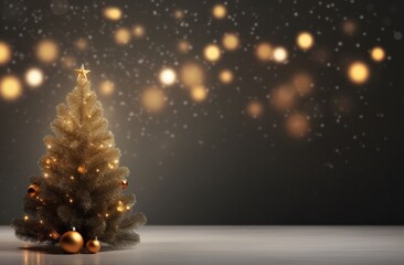 christmas tree in an open, grey room with a bokeh effect