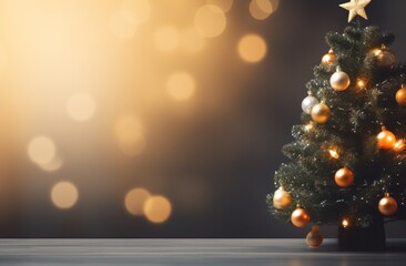 christmas tree in an open, grey room with a bokeh effect