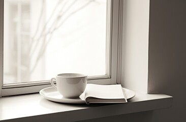 coffee and a book on a white table