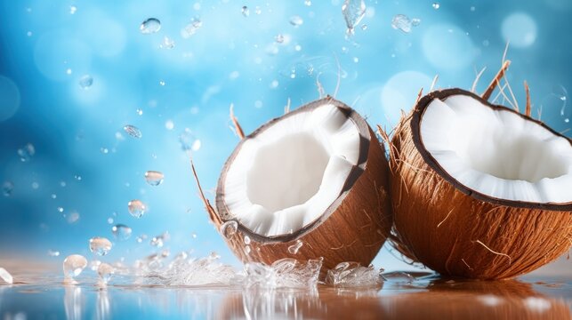  A Couple Of Coconuts Sitting On Top Of A Table Next To A Blue And White Background With Drops Of Water.