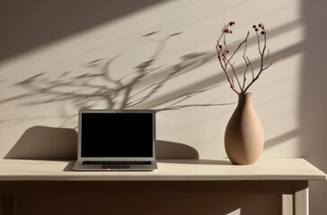 desk with laptop, vase and lamp on white table