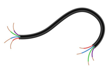 Broken electrical copper wire or cord. Damaged electric power cable. Torn wire with bare wire. Danger electric problem. Color electricity cable. illustration isolated on white background