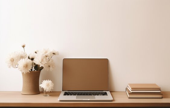 empty picture laptop on desktop with books on top of it