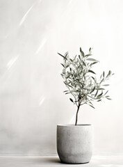 green olive tree in pot on white wall