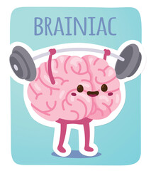 Brain cartoon character lifting weight training. Animated smart healthy human brain sticker. Brainiac genius, intellect, education, mind, knowledge, intelligence concept flat vector illustration
