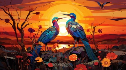 Artists Create Sunset Mural of Colorful Birds in Field