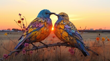 Artists Create Sunset Mural of Colorful Birds in Field