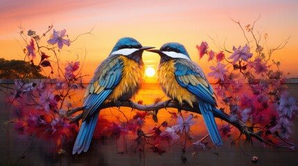 Artists Create Sunset Mural of Colorful Birds in Field