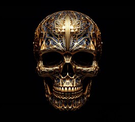 Gold detailed patterned skull on a dark background - obrazy, fototapety, plakaty