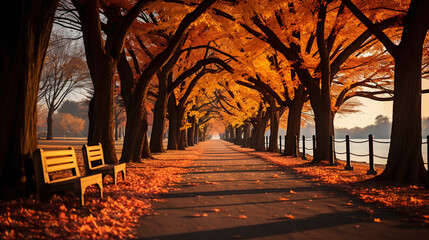 passage in the city park in autumn, path covered with leaves