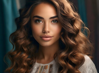 Naklejka premium Beautiful model girl with long wavy and shiny hair. Brunette woman with curly hairstyle. Generative