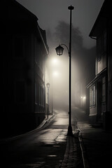 Foggy alley with a street light in the distance. Generative Ai - obrazy, fototapety, plakaty