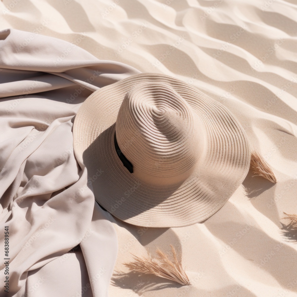 Wall mural hat and sunglasses laid out on bed,