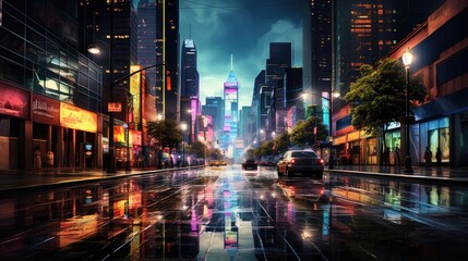 Neon Lights Reflect Off Wet Streets After Rain