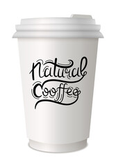 Coffee to go lettering on disposable cup. Lettering emblem quotes text. Hot street drink cardboard packaging plastic or paper cap diversity. Trendy and bright graffiti style