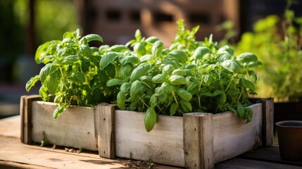 Herb Garden in Wooden Crates on Outdoor Table