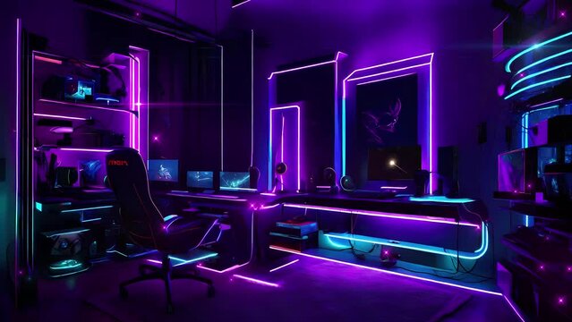 Gamer dream room interior design neon led lights sparkling particles Loop
