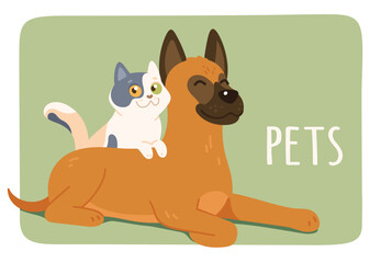 Cute cat, dog pet friends lying together sticker. Friendly German Shepherd doggy with domestic kitten animal poster. Funny companion couple friendship cartoon characters flat vector illustration