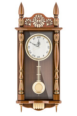Pendulum Wall Clock. Large wooden hanging wall clock with swinging pendulum. 3D rendering isolated on transparent background