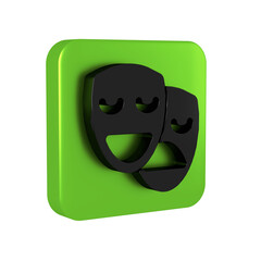 Fototapeta premium Black Comedy and tragedy theatrical masks icon isolated on transparent background. Green square button.