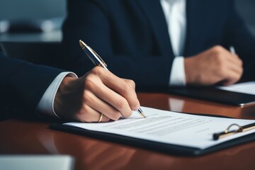 Closeup businessman sign contract or legal document with pen in his hand during corporate meeting for business deal or legal executive decision to pay, Generative AI - obrazy, fototapety, plakaty
