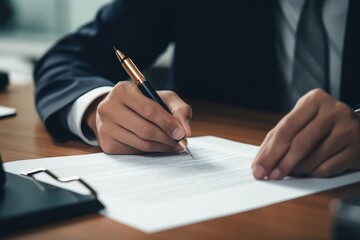 Closeup businessman sign contract or legal document with pen in his hand during corporate meeting for business deal or legal executive decision to pay, Generative AI
