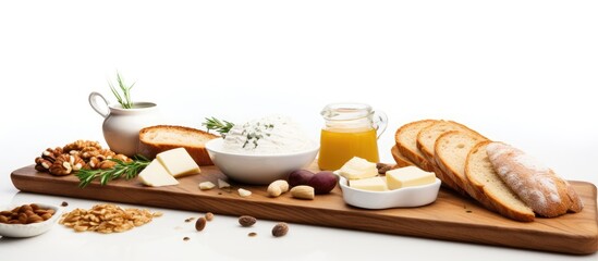 On the isolated white background, a plate of healthy breakfast is displayed with freshly baked bread, spread with organic cheese and drizzled with oil, surrounded by wheat snacks and garlic on a