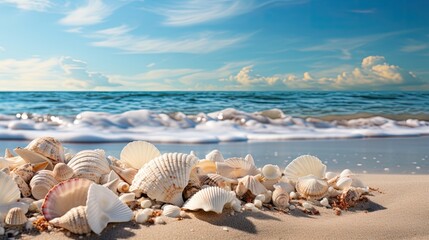 Fototapeta na wymiar Tropical Vacation with Glistening Seashells on Sandy Beach