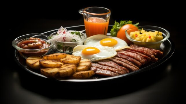 filling traditional colombian bandeja paisa on black  matte  table,vibrant color,delicious food 