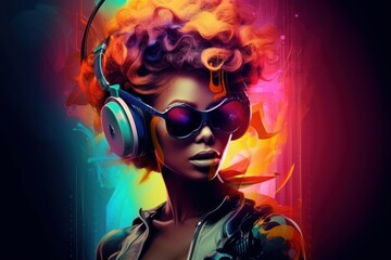 Abstract art in overlapped musician with hairstyle decorated by instrument design. Concept of captivated in exotic music styles with cyberpunk color. Glorious, Generative AI