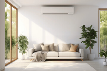 green energy heat pump AC sustainable modern living room with sofa	