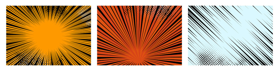 Fototapeta premium Comic book speed lines set, explosion effect. Abstract radial zoom speed light, motion background set. Mega speed frames. illustration on white background