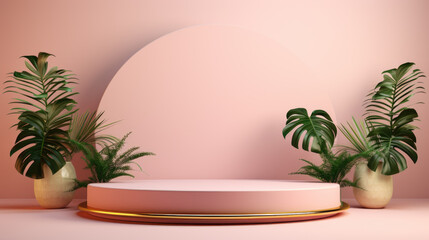 Pink and golden podium for product presentation with indoor plants around