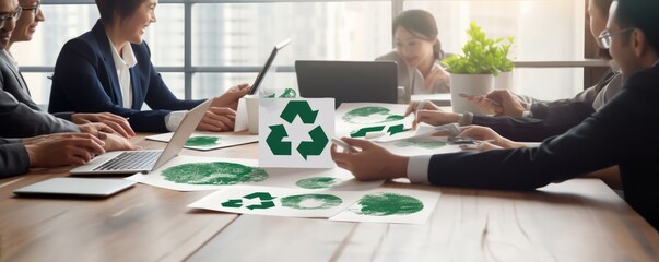Group of business people planning and discussing on recycle reduce reuse policy symbol in office meeting room. Green business company with eco-friendly waste management regulation, Generative AI - obrazy, fototapety, plakaty