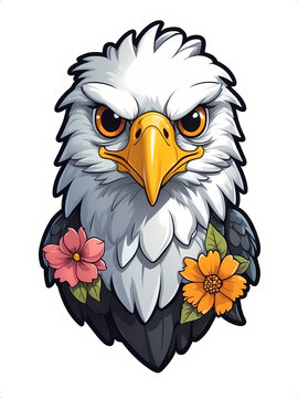 This charming sticker features a delightful cartoon style eagle surrounded by a white border adorned with vibrant flowers. Perfect for adding a touch of whimsy to any surface.