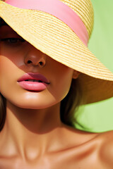 Close-up of a fashion women portrait in summer hat. Minimal concept fashion summer hats, pastel colors, female accessories store.