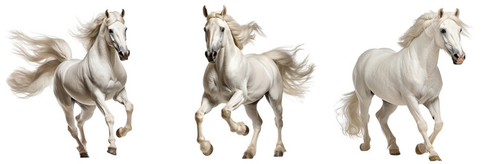Collection of white arabian horses running isolated on a white background