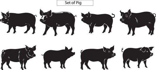 Pigs Silhouettes, farm animals collection vector