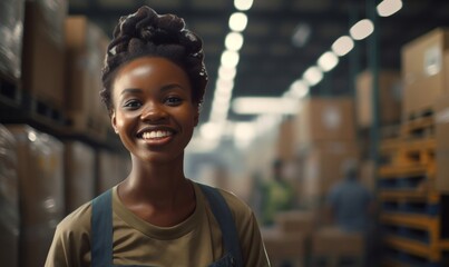 A smiling African female factory worker standing in warehouse. Generative AI