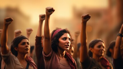 Diverse People raise hands up. Arabian female fists. Antiracism Equality concept. Activist feminist people protest. Stop no racism. Active protester fight for freedom. Feminism Women right. Girl power