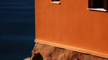 The rich terracotta walls of a seaside villa glowing in the sunlight, with the bright blue sea peeking around the corner