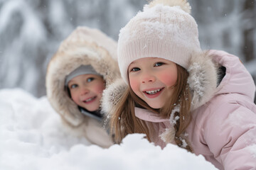 Cute little kids playing in snow in winter outside.  Banner for a store of winter warm children clothing, pink jackets and overalls with down insulation, comfortable winter.