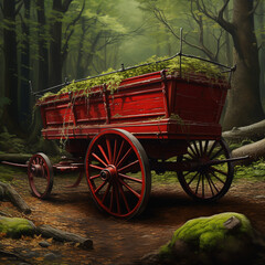 Fototapeta na wymiar red wagon in the forest