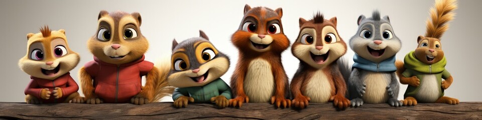 Fototapeta premium Cheerful Group of Animated Squirrels Posed on Wooden Log