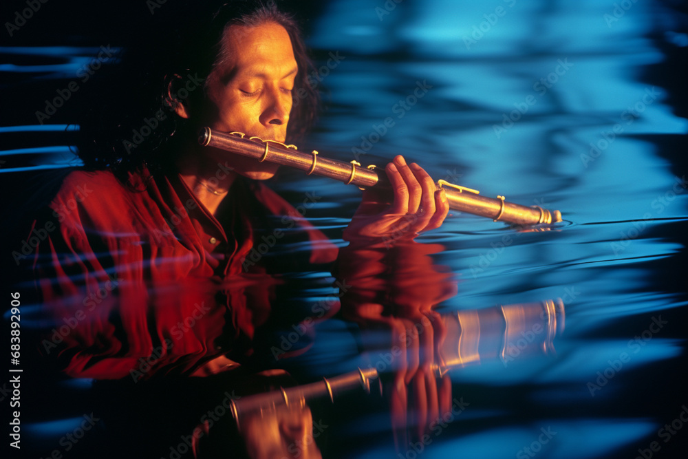 Poster A person playing the flute, captured in an abstract manner that conveys the harmonious flow of music through the instrument.