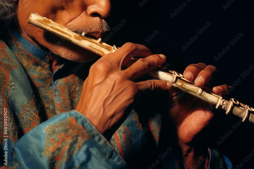 Poster a person playing the flute, captured in an abstract manner that conveys the harmonious flow of music