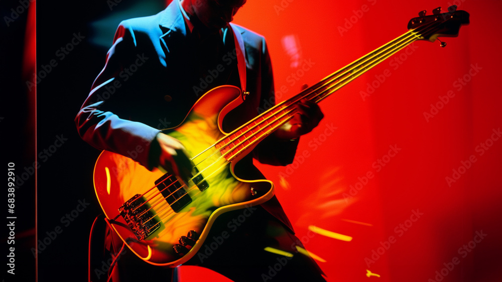 Poster Abstract image featuring a person playing a fretless bass, highlighting the smooth and rhythmic grooves produced by this unique instrument.