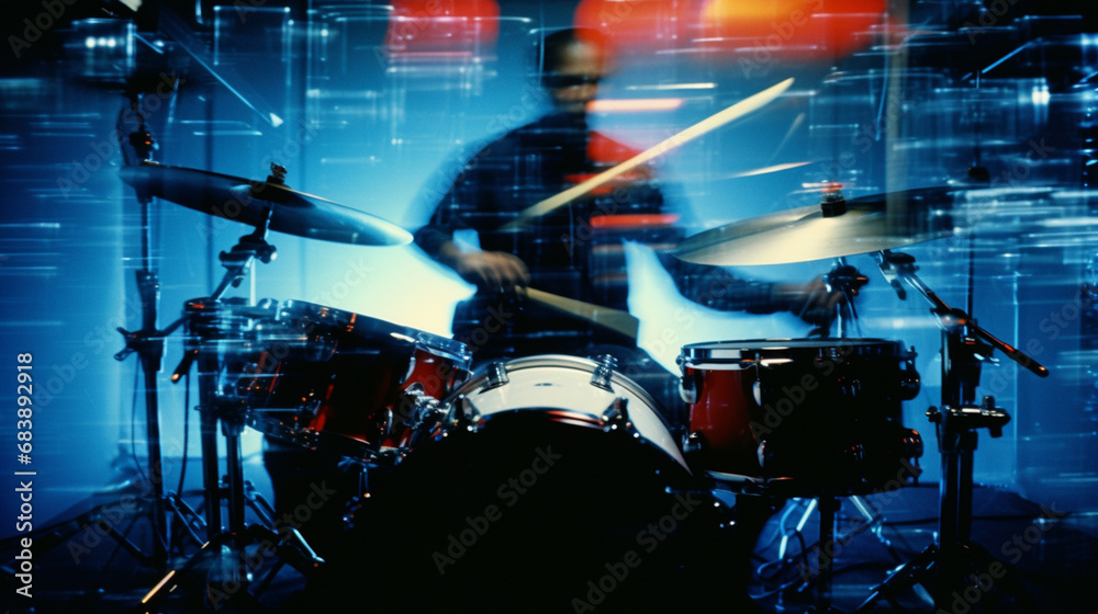 Poster Abstract representation of a drummer immersed in the soulful beats of rhythm and blues, with dynamic visual elements capturing the essence of the genre.